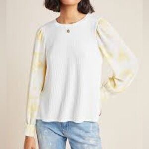 [L]RO & DE Anthropologie Arden Yellow Tie Dyed Blouse Mix Texture Relaxed Fit